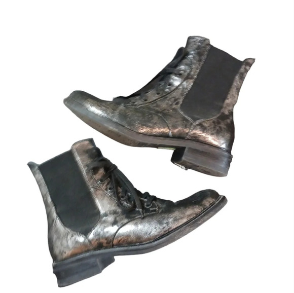 Italian Leather Boots Black and Silver Metallic Distressed Leather Comba… - Picture 1 of 10